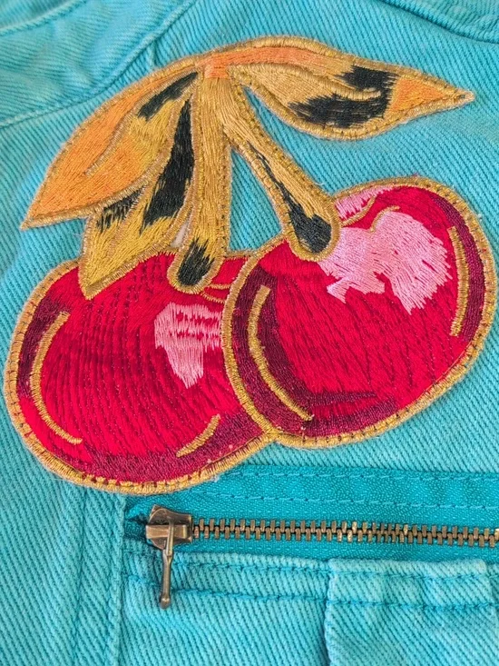 ELF SACK Turquoise Cotton Denim Jacket With Embroidered Cherries. Medium. - Picture 2 of 16